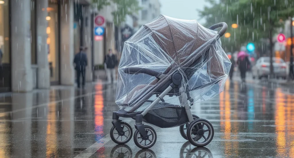 雨の日に調和するスタイリッシュなベビーカー