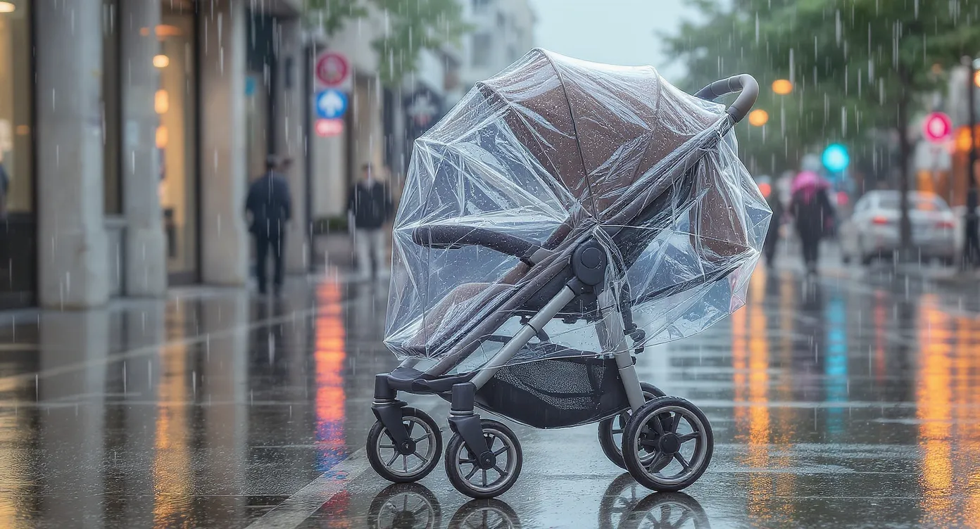雨の日に調和するスタイリッシュなベビーカー